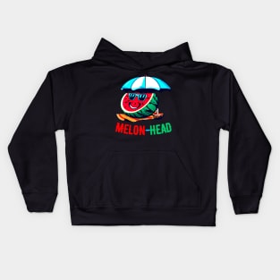 Melon-Head Funny A smiling slice of watermelon on a beach towel with sunglasses Kids Hoodie